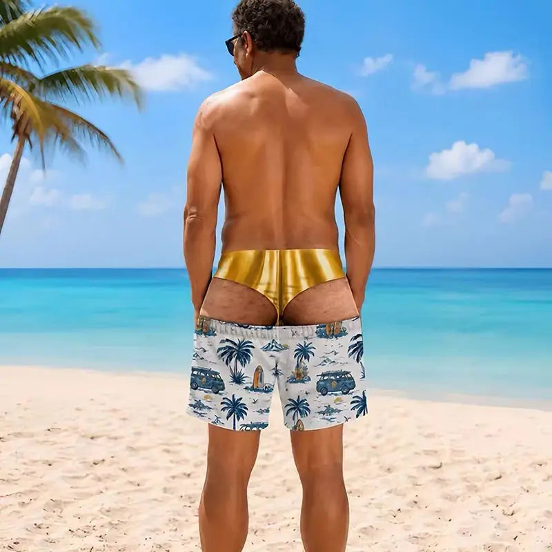 Cheeky Swim Trunks Surf Van print, back view on the beach