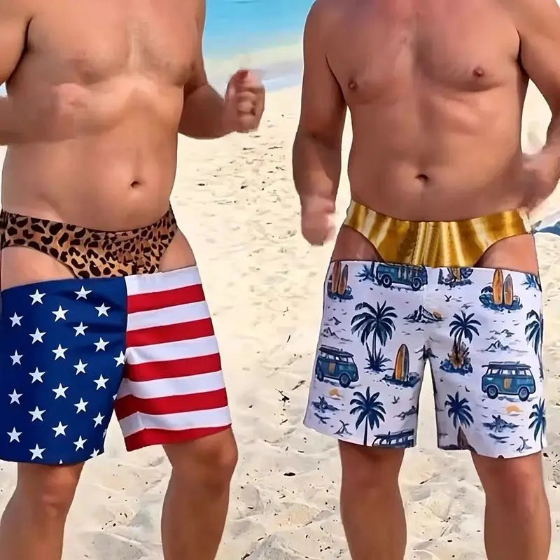 Close detail of the printed panel on two Cheeky Swim Trunks prints