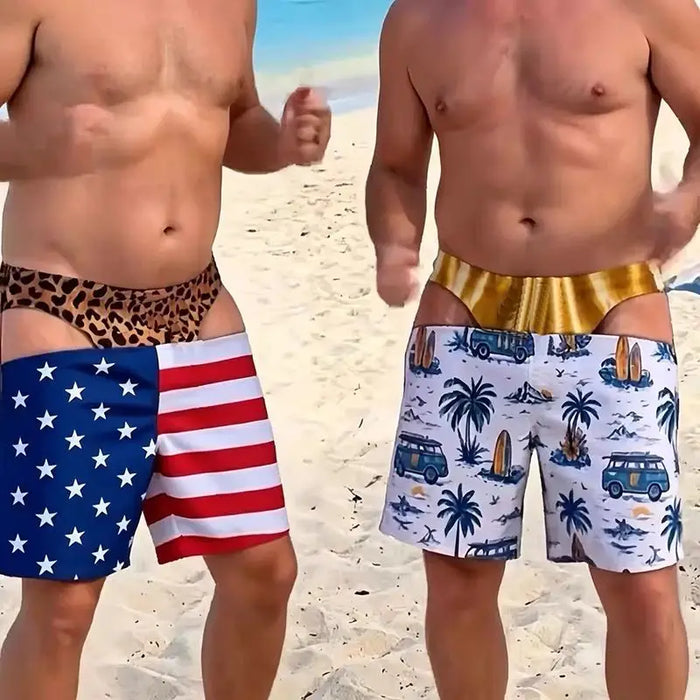 Close detail of the printed panel on two Cheeky Swim Trunks prints