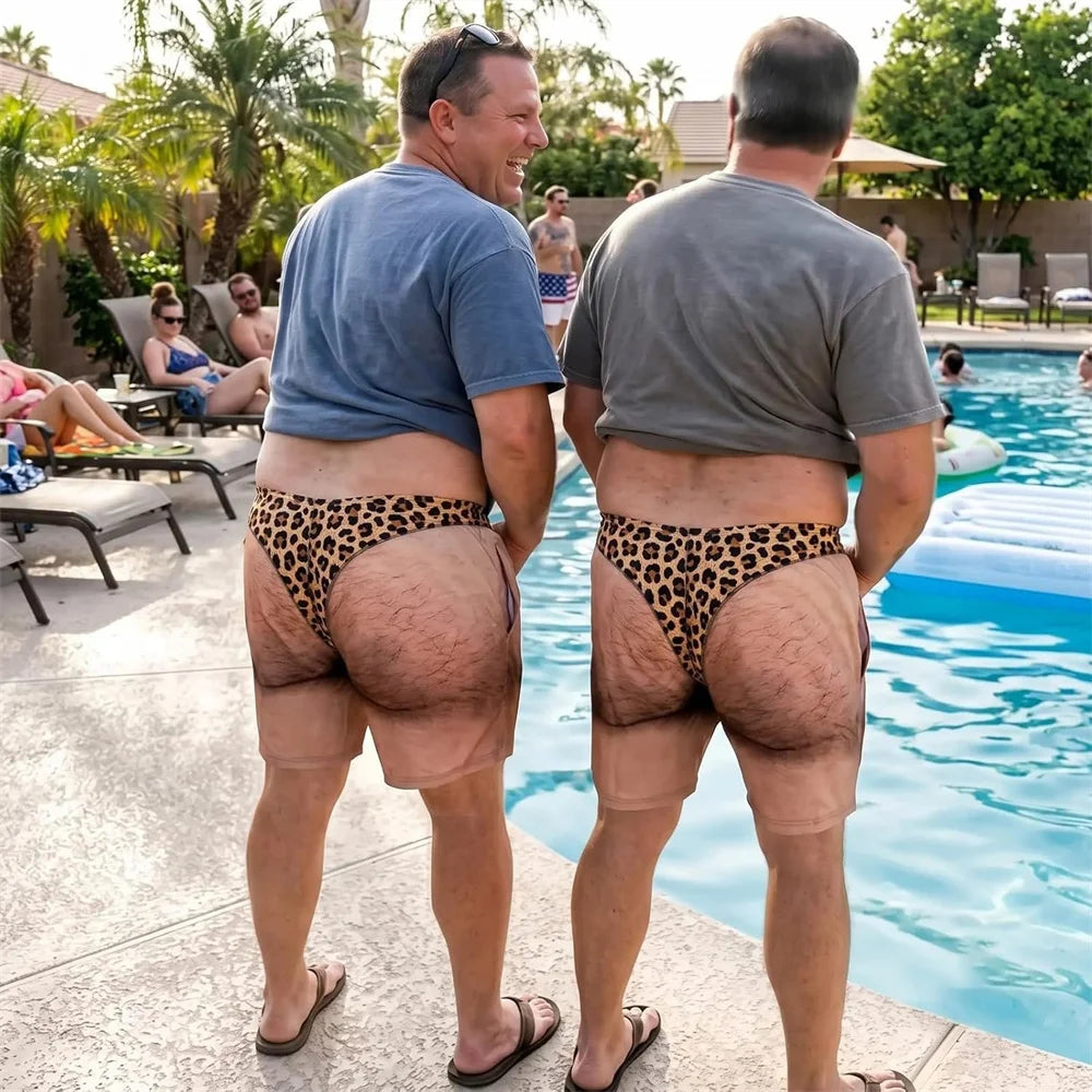 Two friends poolside in the Au Naturel Cheeky Swim Trunks