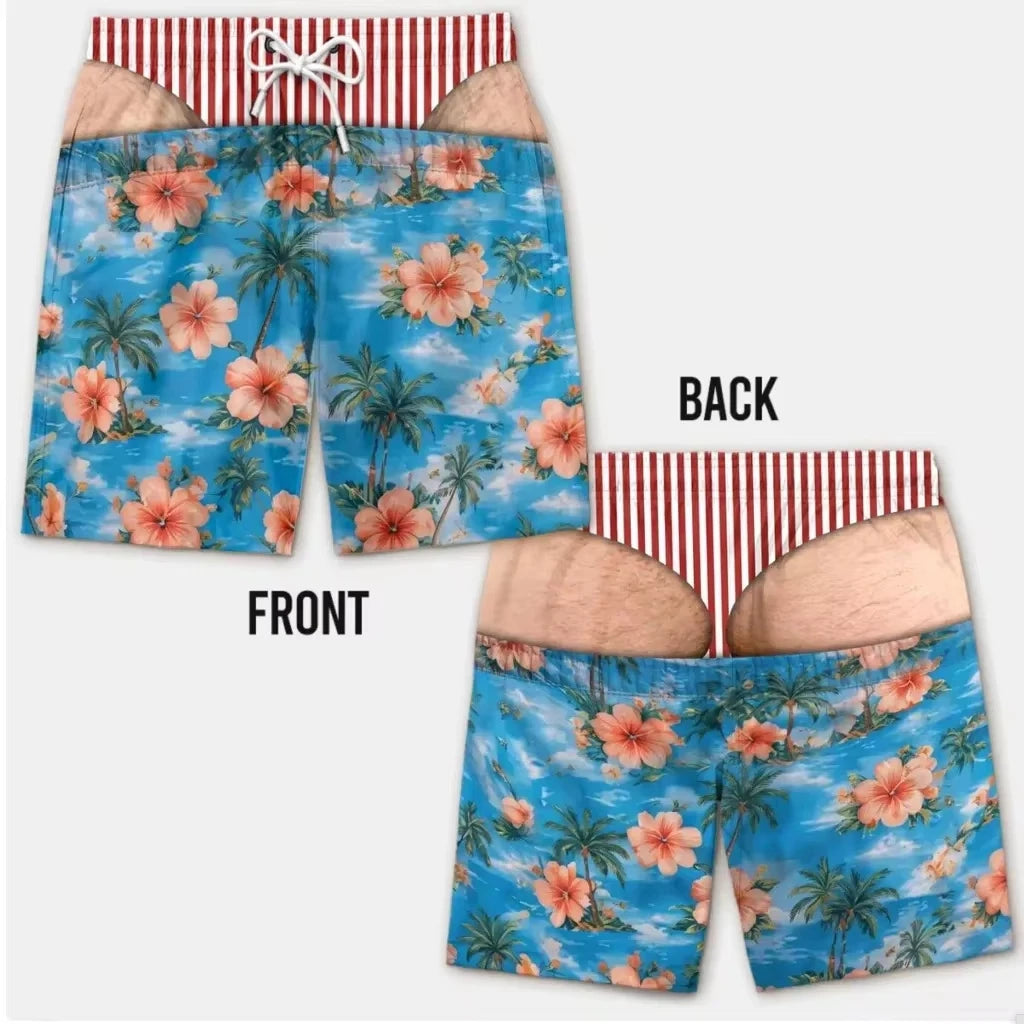 Cheeky Swim Trunks Tropical print, front and back
